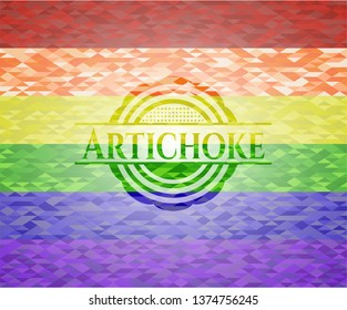 Artichoke on mosaic background with the colors of the LGBT flag