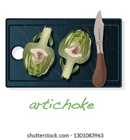 Artichoke on plate vector illustration set. Image isolated on white background.