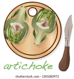 Artichoke on plate vector illustration set. Image isolated on white background.