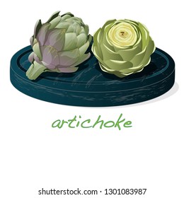 Artichoke on plate vector illustration set. Image isolated on white background.