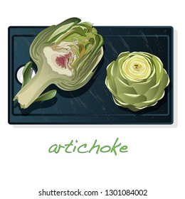 Artichoke on plate vector illustration set. Image isolated on white background.