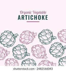 Artischocke, organische Vorlage für Pflanzendesign. Handgezeichnete Vektorgrafik Food Illustration. Gravierter Stil Gemüserahmen. Retro botanischer Banner. Rosa und grüne Farben.