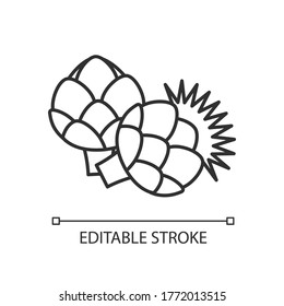 Artichoke pixel perfect linear icon. Fresh vegetable to cook nutrient recipe. Raw vegetable. Thin line customizable illustration. Contour symbol. Vector isolated outline drawing. Editable stroke