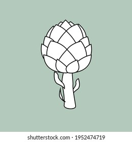 Artichoke Plant Line Drawing, Vector. Black And White Artichoke On Green Background