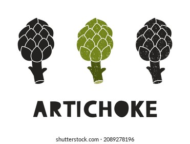 Artichoke, silhouette icons set with lettering. Imitation of stamp, print with scuffs. Simple black shape and color vector illustration. Hand drawn isolated elements on white background