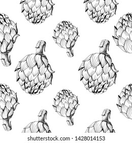 Artichoke sketch seamless pattern. Hand-drawn artichokes, isolated on white background. Black vector backdrop