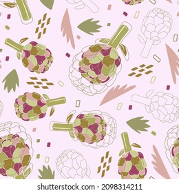 Artichoke vector seamless pattern with decorative elements. Healthy and vegetarian food. Design for menus, packaging, fabrics, textiles, posters, postcards.