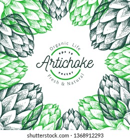 Artichoke vegetable design template. Hand drawn vector food illustration. Engraved style vegetable frame. Vintage botanical banner.