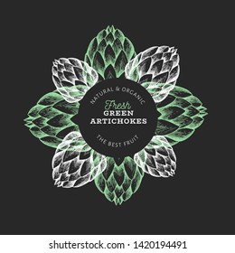 Artichoke vegetable design template. Hand drawn vector food illustration on chalk board. Engraved style vegetable logo. Retro botanical banner.