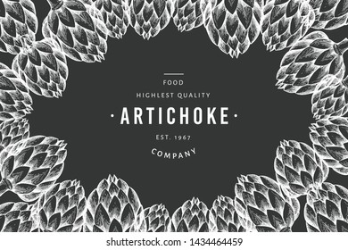 Artichoke vegetable design template. Hand drawn vector food illustration on chalk board. Engraved style vegetable frame. Vintage botanical banner.