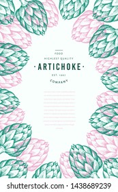 Artichoke vegetable design template. Hand drawn vector food illustration. Engraved style vegetable frame. Vintage botanical banner.