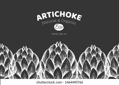 Artichoke vegetable design template. Hand drawn vector food illustration on chalk board. Engraved style vegetable frame. Vintage botanical banner.