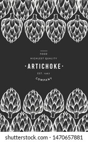 Artichoke vegetable design template. Hand drawn vector food illustration on chalk board. Engraved style vegetable frame. Vintage botanical banner.