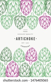 Artichoke vegetable design template. Hand drawn vector food illustration. Engraved style vegetable frame. Vintage botanical banner.
