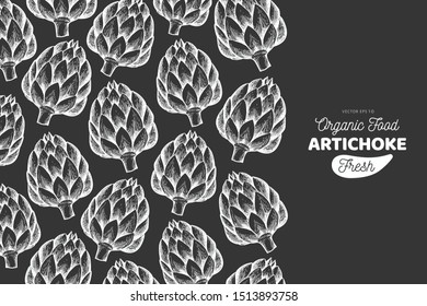 Artichoke vegetable design template. Hand drawn vector food illustration on chalk board. Engraved style vegetable frame. Vintage botanical banner.