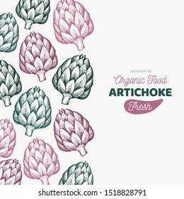Artichoke vegetable design template. Hand drawn vector food illustration. Engraved style vegetable frame. Retro botanical banner.