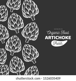 Artichoke vegetable design template. Hand drawn vector food illustration on chalk board. Engraved style vegetable frame. Vintage botanical banner.