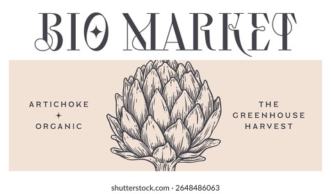 Artichoke, vegetable. Tag, label, sign, vintage retro print, black white artichoke drawing, sketch ink pencil draw, engrave old school style. Sketch artwork silhouette artichoke. Vector Illustration