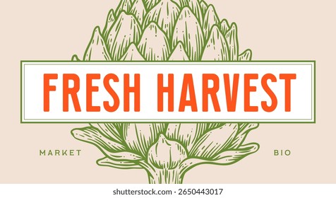 Artichoke, vegetable. Tag, label, sign, vintage retro print, black white artichoke drawing, sketch ink pencil draw, engrave old school style. Sketch artwork silhouette artichoke. Vector Illustration