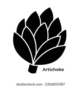 Icono de vector de hormigón de alcachofa ilustración de silueta negra aislada en fondo blanco cuadrado. Sencillo dibujo de caricatura plana de ingredientes alimentarios naturales sanos vegetales.