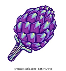 Artichoke violet flower head isolated on white. Decorative image of purple Roman artichoke. Artichoke flower. Vector illusteation