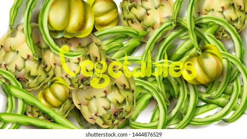 Artichokes, green peas and tomatoes Vector watercolor. Grocery harvest fresh organic. poster sticker advertise