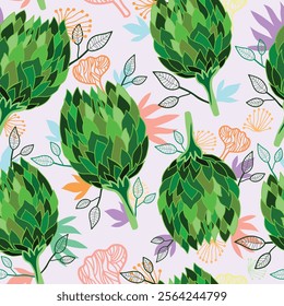 artichokes with line art of leaves, buds and many graphic elements herb garden seamless pattern. artichokes globe seamless vector repeat pattern. It is suitable for fabric, clothing, textile and more.