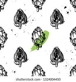 Artichokes seamless pattern with green brush stroke. Hand drawn sketch of vegetable backgroung