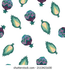 Artichokes seamless pattern. Green vegetable whole and half. Vegetarian Healthy Food. Farm market product. Great for menu, packaging design, fabric. Vector cartoon illustration