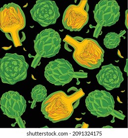 Artichokes patrón sin costura en negro. Ilustración sin fisuras del vector.