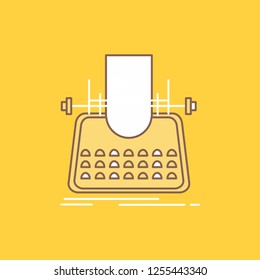 Article, blog, story, typewriter, writer Flat Line Filled Icon. Beautiful Logo button over yellow background for UI and UX, website or mobile application