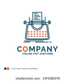 Article, blog, story, typewriter, writer Logo Design. Blue and Orange Brand Name Design. Place for Tagline. Business Logo template.