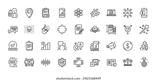 Artikel, Cyberangriff und Genders Line Icons Pack. KI, Frage und Antwort, Map Pin-Symbole. Hundeleine, Siegerbelohnung, Rating Stars Web-Ikone. Paket, Teamwork, Menschen, die mit Piktogramm chatten. Vektorgrafik