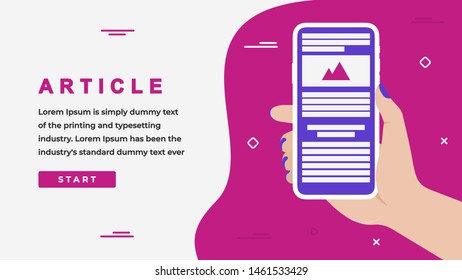 Article Design Concept with Business Woman Hand Holding a Smartphone with Article on Screen, Button, Headline and Text Place. Web banner, Info graphics, Hero. Flat Vector Illustration