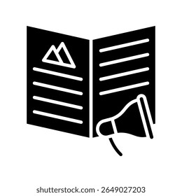 Ícone de glifo do artigo, uso para jornalista, radiodifusão, educação, IU de notícias e mídia, kit UX, desenvolvimento de aplicativo e web, digital ou impresso.