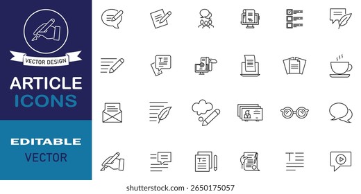 Article icon set. Included icons as relative article writing, internet content editing, author, blog, storytelling, article and more outline symbol. Vector illustration.
