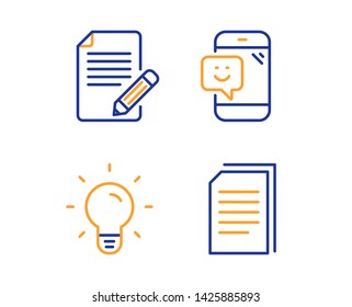 Article, Light bulb and Smile icons simple set. Copy files sign. Feedback, Lamp energy, Phone feedback. Copying documents. Business set. Linear article icon. Colorful design set. Vector