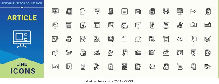 Conjunto de ícones de linha de artigo. Ícones modernos de IU vetorial. Ilustração vetorial. Ícone de redação. Apresentando escritor, copywriting, escrita, autor, caneta e muito mais.