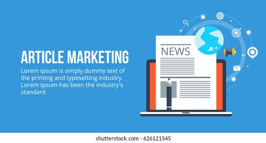 Article marketing, content promotion, website content flat style vector banner with icons isolated on blue background