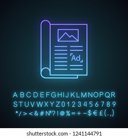 Article neon light icon. Print advertising. Newspaper, magazine column. Article marketing. Print media. Glowing sign with alphabet, numbers and symbols. Vector isolated illustration