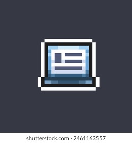 article on laptop screen in pixel art style