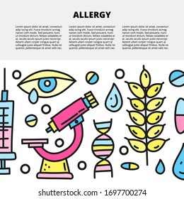 Plantilla de artículo con espacio para iconos alérgicos coloreados por texto y doodle incluyendo jeringa, ojo hueco, microscopio, dnk, trigo, pastillas, gotas.