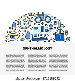 Article template with space for text and doodle colored ophthalmology icons including eye, pipette bottle, cornea, medical glasses, autorefractometer isolated on white background.