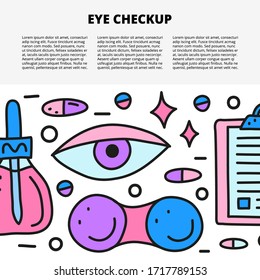 Article template with space for text and doodle colored ophthalmology icons including eye, pipette bottle, lens case, blank clipboard isolated on white background.