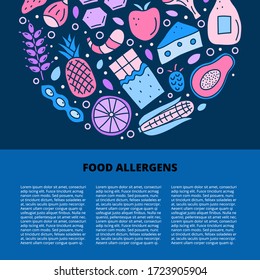 Article template with space for text and doodle colorful food allergens icons including wheat, pineapple, cheese, citrus, papaya, chocolate bar, etc.