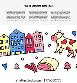 Article template with space for text and doodle colored Austria icons including buildings, strudel, cow, fir trees, hearts isolated on white background.