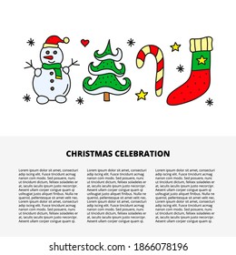 Artikel-Vorlage mit Text und süß gefärbte doodle Weihnachten und Neujahr Symbole wie Schneemann, Tannenbaum, Zuckerrohr, Socken, Schneeflocken, Herzen, Sterne.