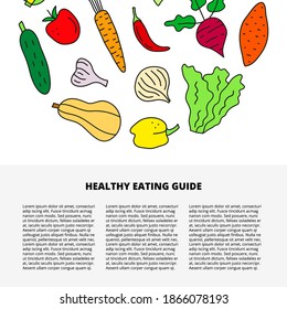 Plantilla de artículo con texto y adorables doodle coloridos íconos de comida vegetal incluyendo ajo, pepino, batata, cebolla, remolacha, zuccini, mantequilla, tomate, zanahoria, chile, lechuga, pimienta.