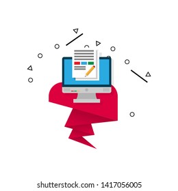 article writing design flat concept, flat design. monitor with article news icon. 