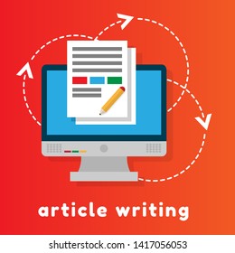 article writing design flat concept, flat design. monitor with article news icon. 